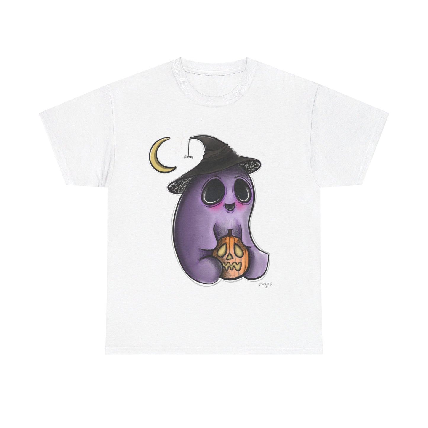 Art By Macy- Cute Ghost & Pumpkin- Halloween -  Unisex- T-shirt- Men- Women- Kids- Teens-Original Artwork- Multicolor- Cotton- New- Up to 5x